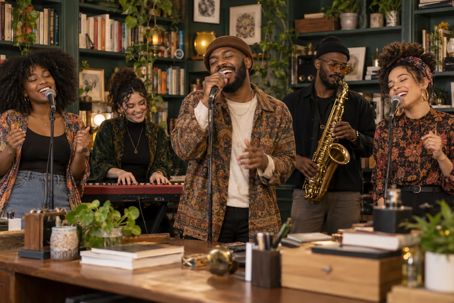 Illustration of five adult friends performing with microphones, keyboard and sax behind a bookshelf-lined desk
